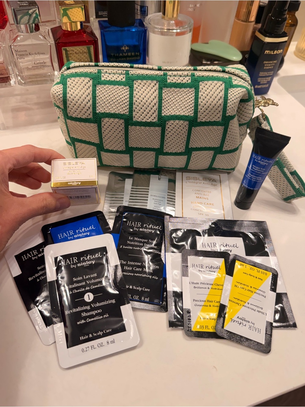 Sisley Green and White Grid Cosmetic Pouch with Sample Sachets